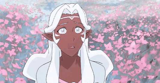 a cartoon girl with long white hair is standing in front of pink flowers .