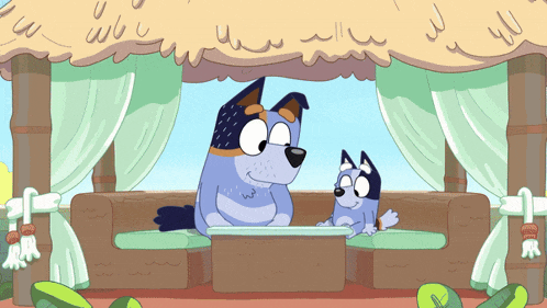 two cartoon dogs are sitting on a couch under a gazebo