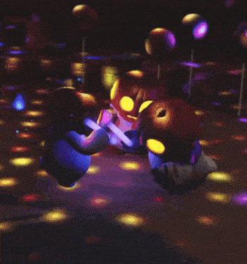 a group of glow in the dark pumpkins are dancing in a dark room