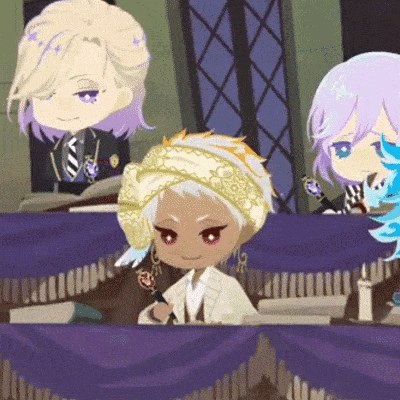 a group of cartoon characters are sitting at a table with a purple table cloth .