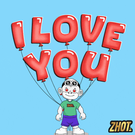 a cartoon character holding a heart and balloons that say " i love you "
