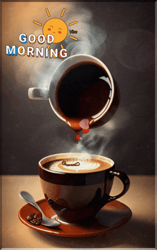 a cup of coffee is poured into a saucer with the words good morning written above it