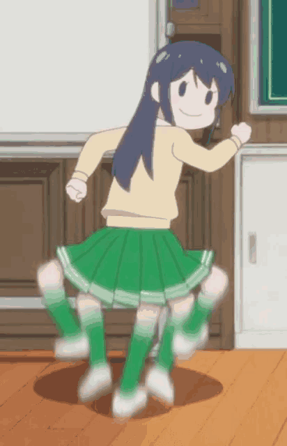 a cartoon girl in a green skirt and white socks is dancing