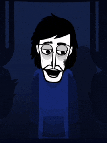 a black and white cartoon of a man with a mustache and a blue shirt