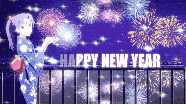 a girl in a blue kimono stands on a balcony watching fireworks with the words happy new year written below her