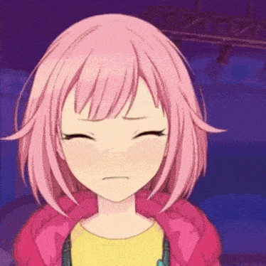 a close up of a pink haired anime girl with her eyes closed and a sad look on her face .