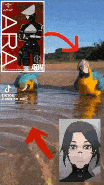 a parrot is swimming in a body of water next to a pixel art of a woman