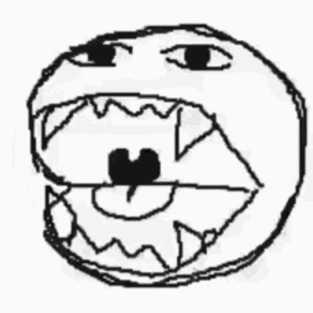 a black and white drawing of a smiley face with teeth coming out of it 's mouth .