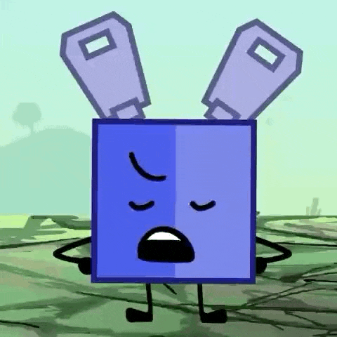 a blue cartoon character with a sad face and a pair of ears .