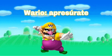 a cartoon character named wario is dancing in front of a green field