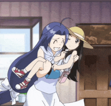a girl with long blue hair is carrying a little girl in her arms