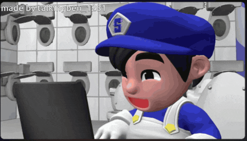 a cartoon character with the number 5 on his hat looks at a laptop