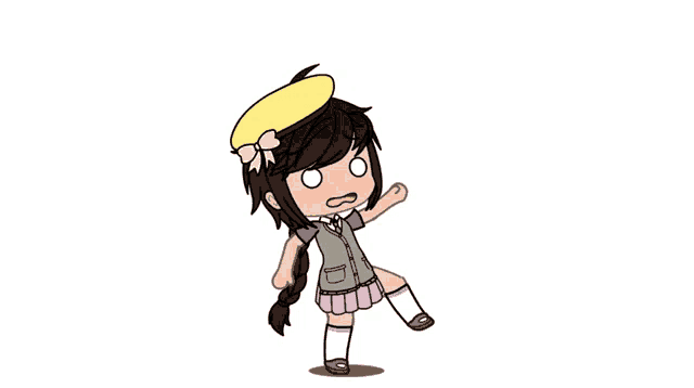 a cartoon girl wearing a yellow hat and white socks is making a funny face