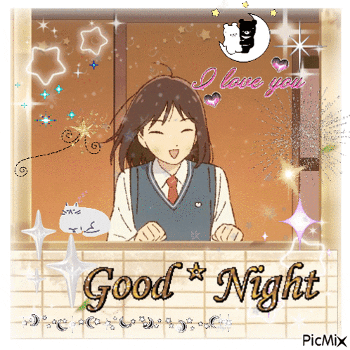 a picture of a girl and a cat with the words good night