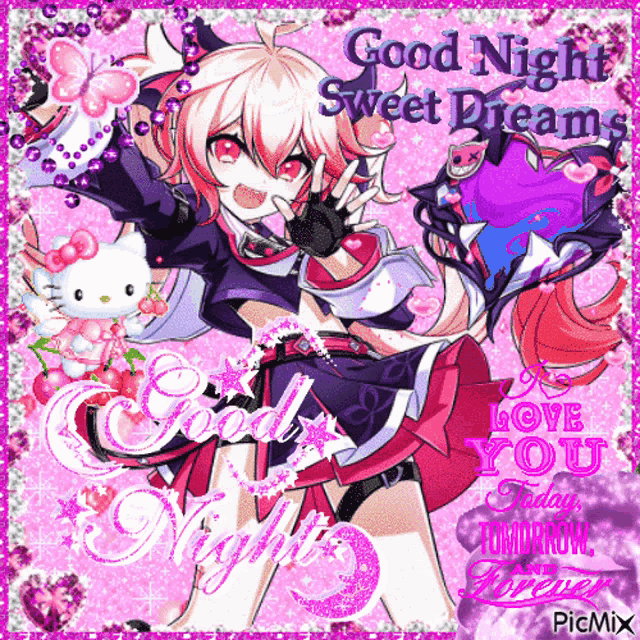 a picture of a girl with a hello kitty and the words good night sweet dreams