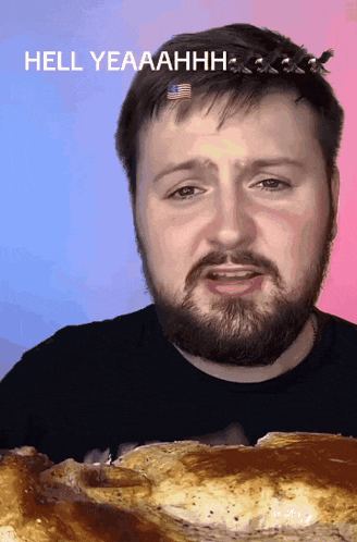 a man with a beard is holding a piece of food and the words hell yeaahhh are above him