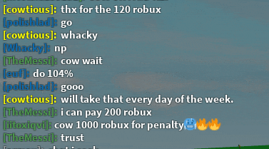 a screen shot of a video game where someone is talking about paying robux for penalty