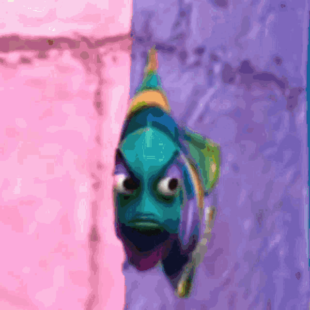 a cartoon fish with a purple background is looking at the camera