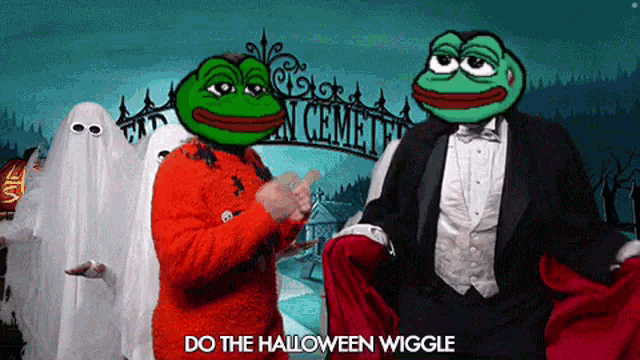 a cartoon of two frogs standing in front of a cemetery with the words do the halloween wiggle below them