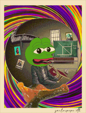 a drawing of a frog with a rainbow background and the name sailorpepe.ch on the bottom