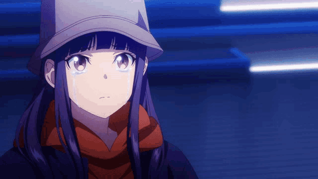 a girl with purple hair is wearing a hat and scarf and is crying