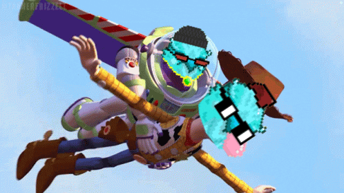 woody and buzz lightyear are flying through the air