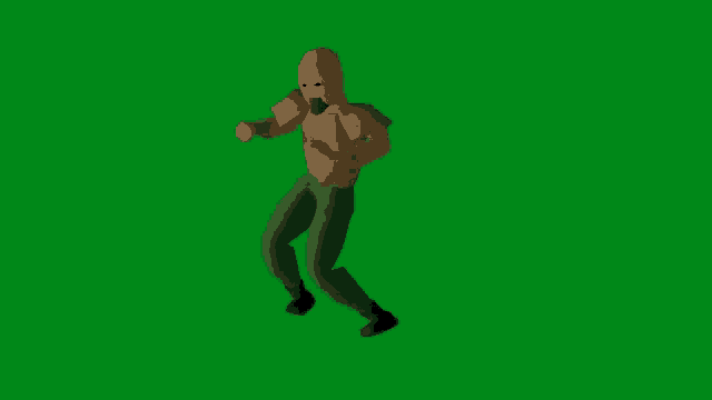 a man in a brown shirt and green pants is standing on a green screen