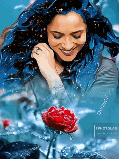 a painting of a woman with a red rose and the words photolab-it on the bottom