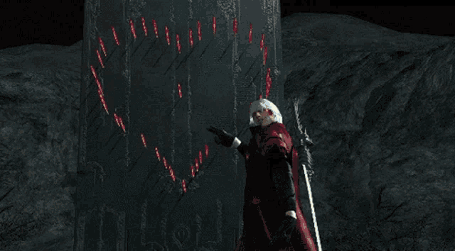 a man in a red coat is holding a sword in front of a stone wall