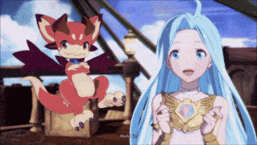 a girl with blue hair is standing next to a red dragon that says " hold on "