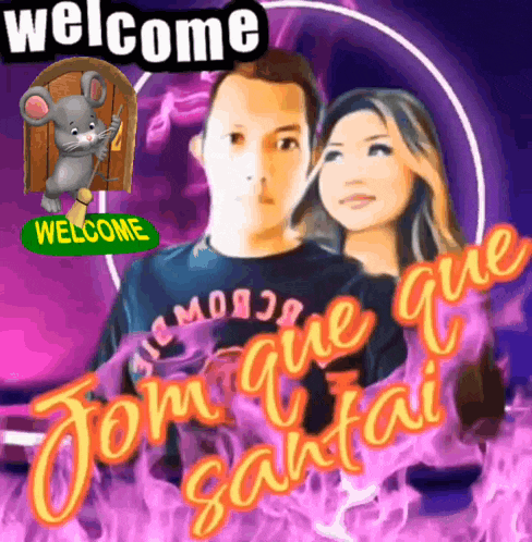 a welcome sign with a picture of a man and a woman and a mouse
