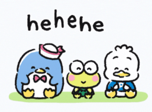 a penguin a frog and a duck are sitting next to each other with the words " hehehe " written below them