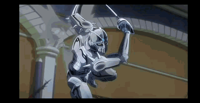 a cartoon character is holding a sword in his hand in a room .