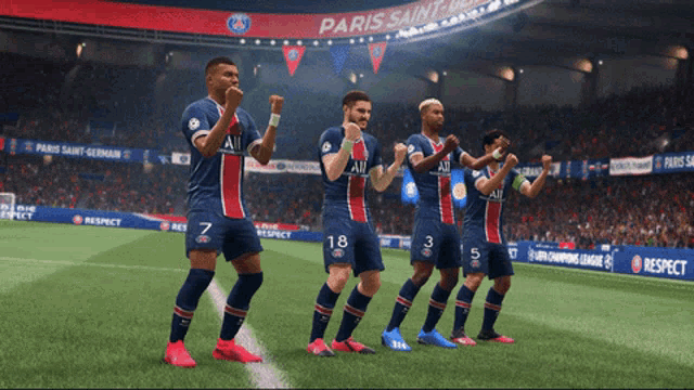 soccer players on a field with a banner that says paris saint-germain in the background