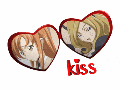a couple of hearts with the word kiss in red