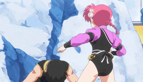 a girl with pink hair is standing next to a man in a black outfit