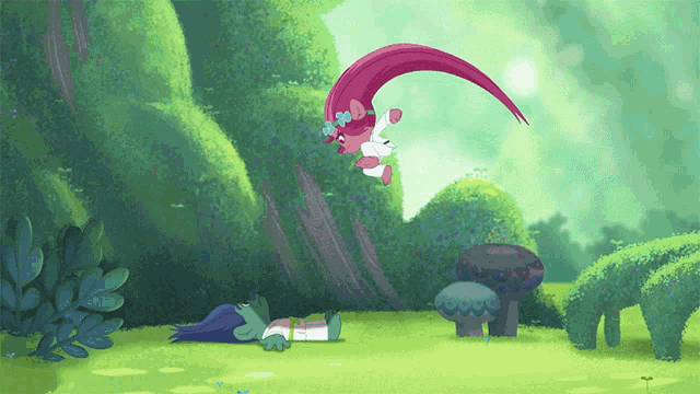 a cartoon drawing of a troll with a long pink hair