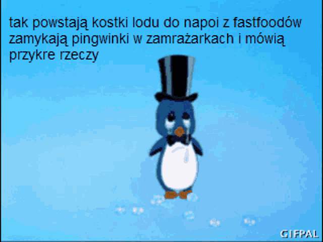 a penguin wearing a top hat and bow tie is crying
