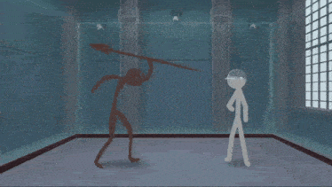 two stick figures are standing in a room with a window