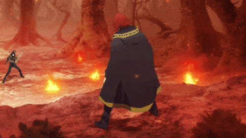a man in a black cape is standing in front of a man with a sword