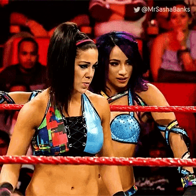 two women are standing in a wrestling ring with a red rope .