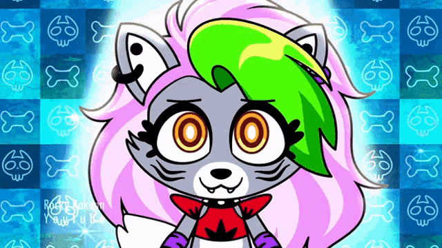 a cartoon drawing of a wolf with skulls and bones on a checkered background