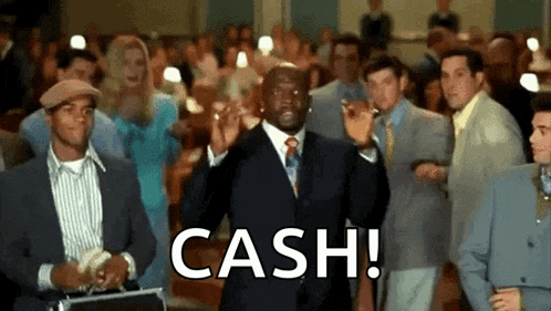 a man in a suit and tie is standing in front of a crowd of people holding a briefcase and saying cash .