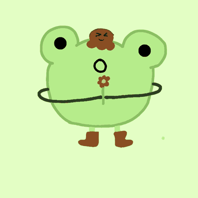 a frog with a flower in its mouth and a circle in its eye