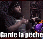 a man with a beard is pointing at something with the words garde la peche in the background