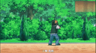 a cartoon character is standing on a sidewalk surrounded by trees .