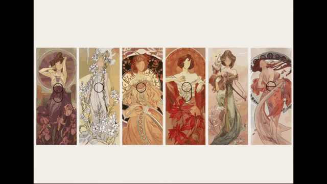 a row of paintings of women with circles around their heads