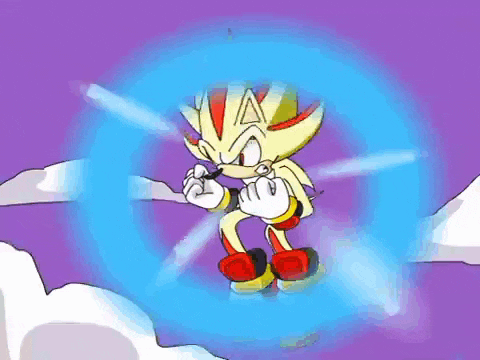 shadow the hedgehog is flying through the air with a blue circle around him