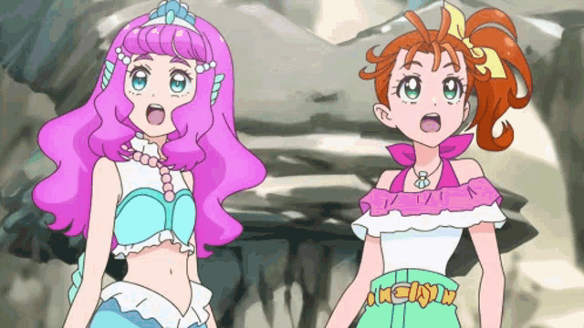 two anime girls are standing next to each other and one has a necklace that says ' x ' on it