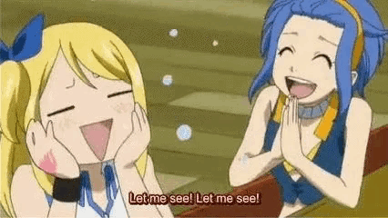 two anime girls are sitting next to each other laughing and talking .